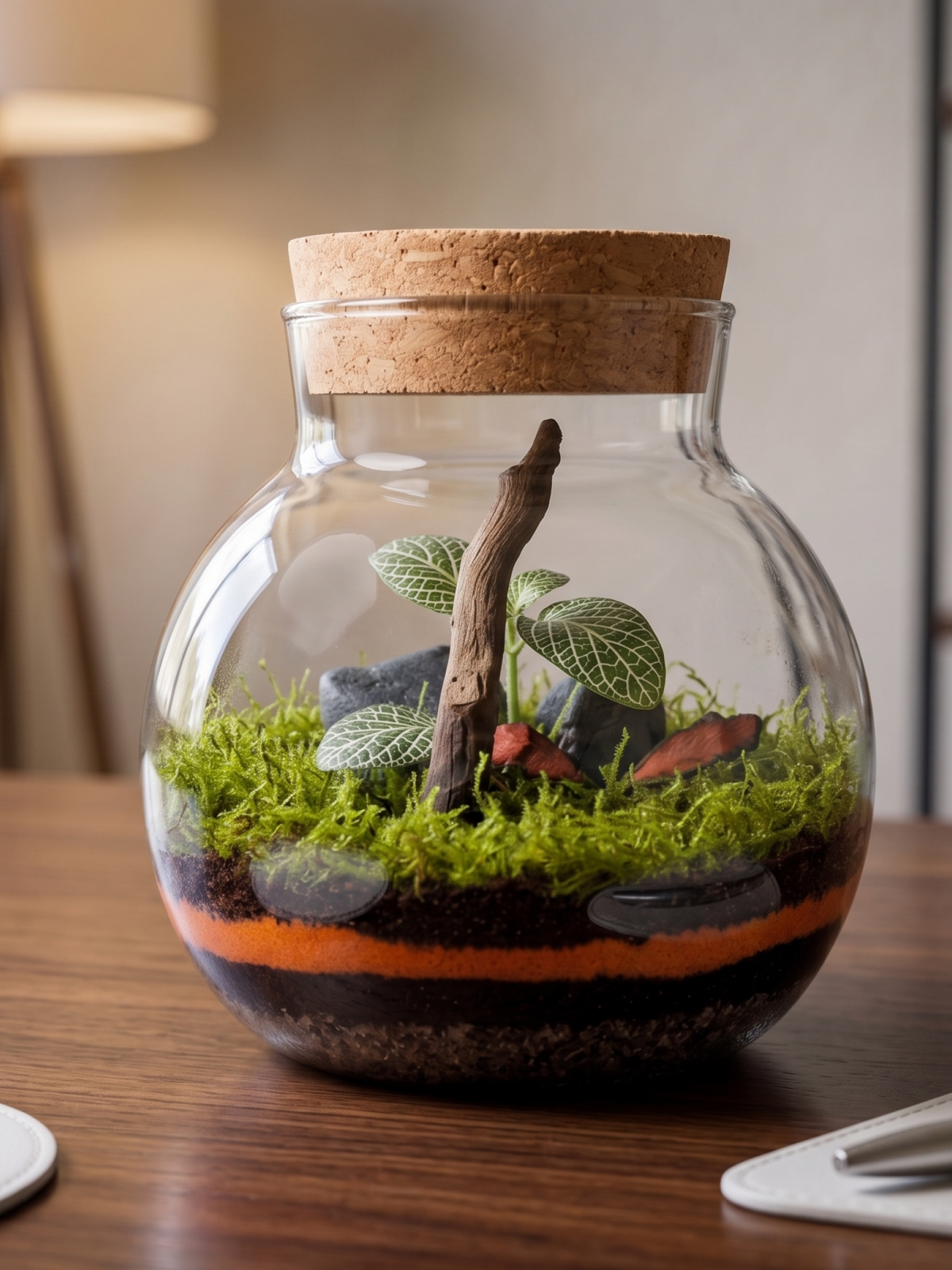 Handcrafted Terra Orb Amber glass terrarium featuring blue decorative stones and green Fittonia plants by Lilli Plants Dubai.