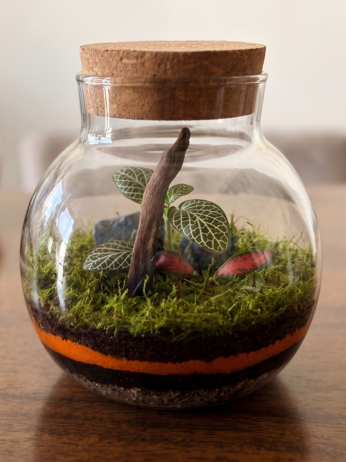 Close-up of Terra Orb Amber terrarium with a distinct orange-amber substrate layer and natural driftwood inside a clear glass jar.