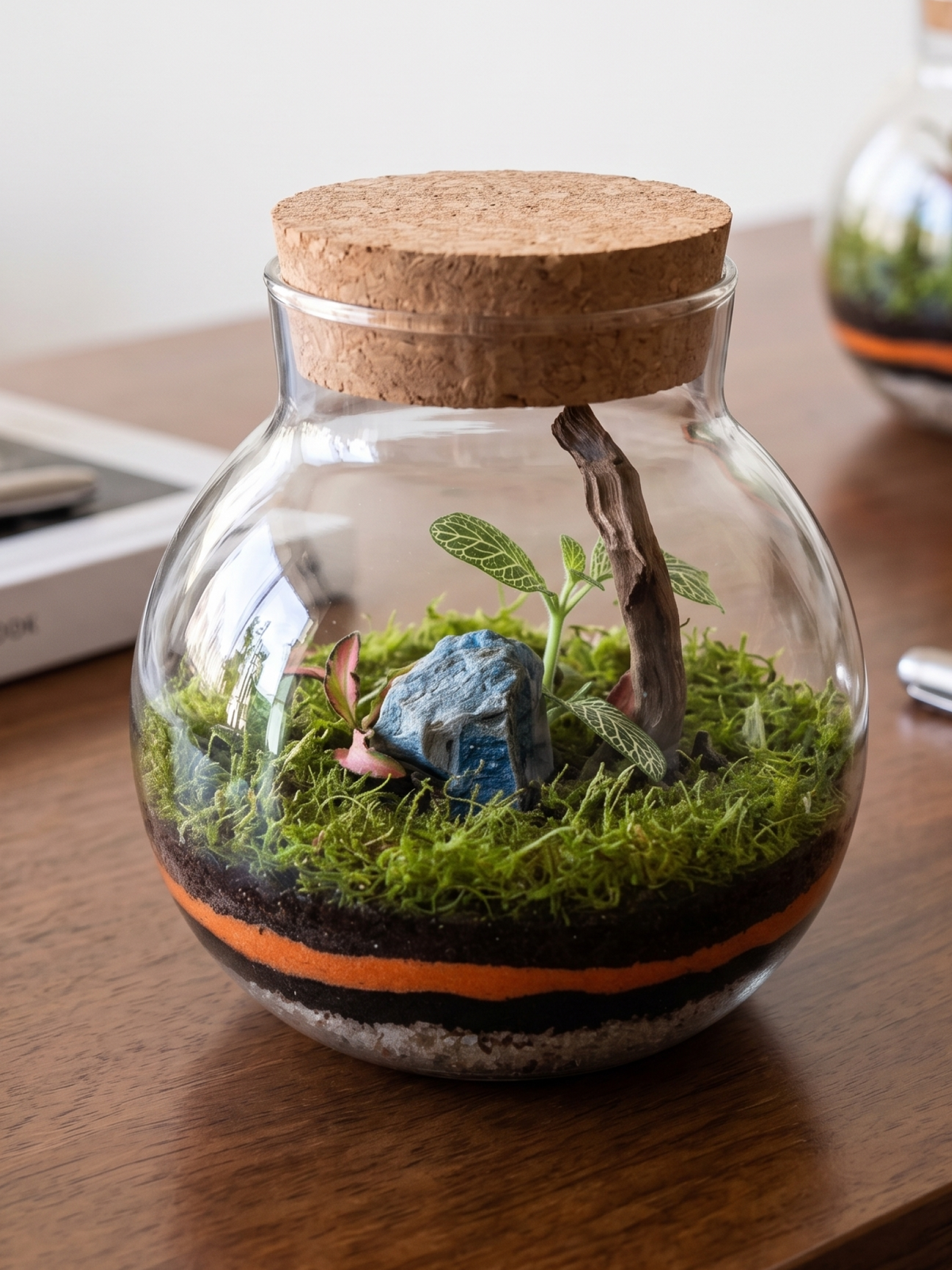 Minimalist Terra Orb Amber self-sustaining ecosystem with both red and green Fittonia foliage and blue stone accents.
