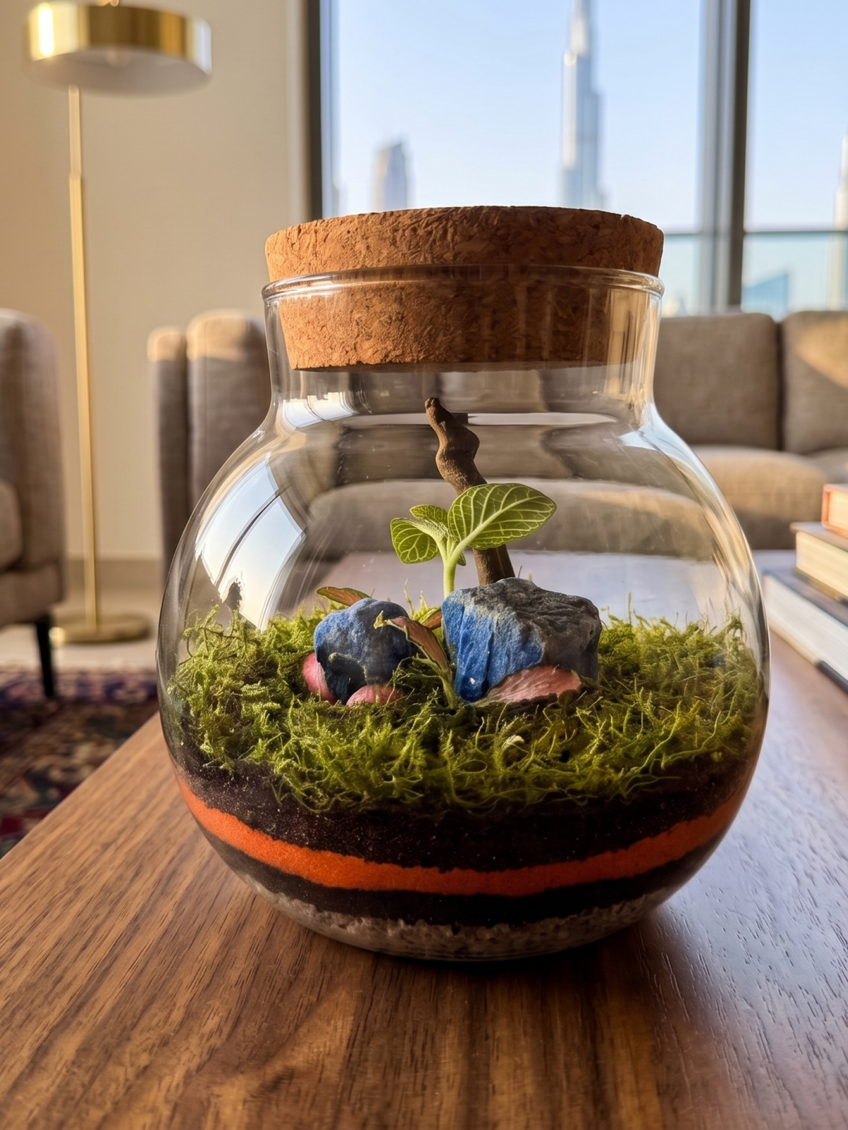 Terra Orb Amber terrarium highlighting the calming blue central stone arrangement and natural preserved moss by Lilli Plants.
