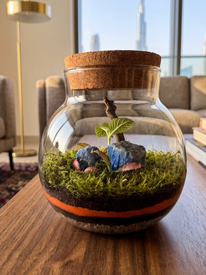 Terra Orb Amber terrarium highlighting the calming blue central stone arrangement and natural preserved moss by Lilli Plants.