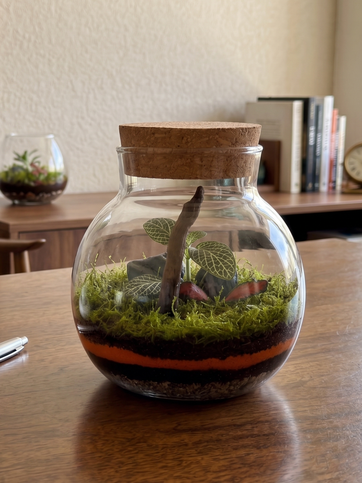 Modern biophilic design Terra Orb Amber glass vessel for indoor home and office desk decor, showing a cork lid. Lilli Plants Dubai UAE