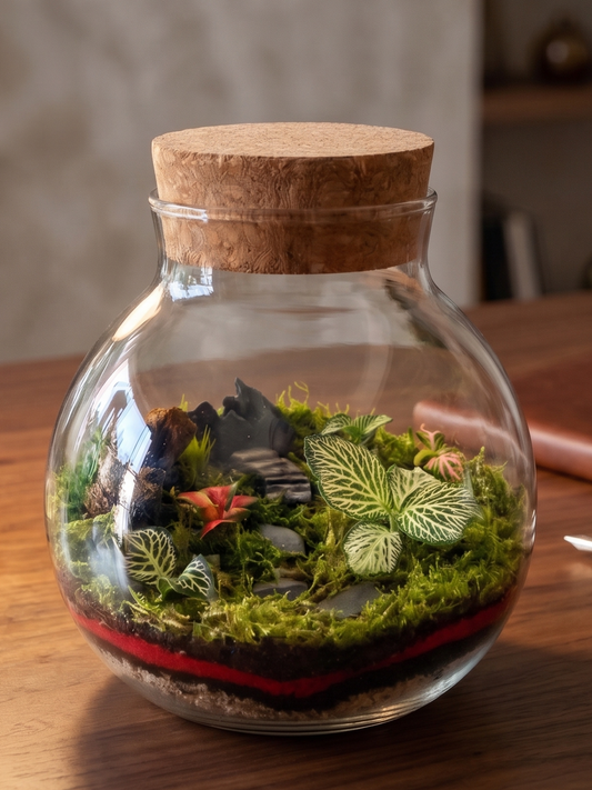 Handcrafted Terra Orb Crimson glass terrarium featuring green Fittonia plants and miniature slate stairs by Lilli Plants Dubai.