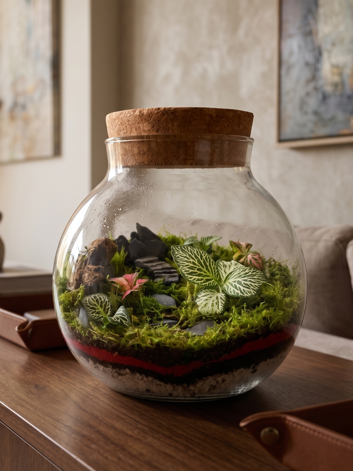 Minimalist Terra Orb Crimson self-sustaining ecosystem with cork lid, displayed on a luxury wooden office desk.