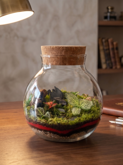 Close-up of Terra Orb Crimson terrarium with red substrate layer, green moss, and natural small driftwood inside a glass jar.