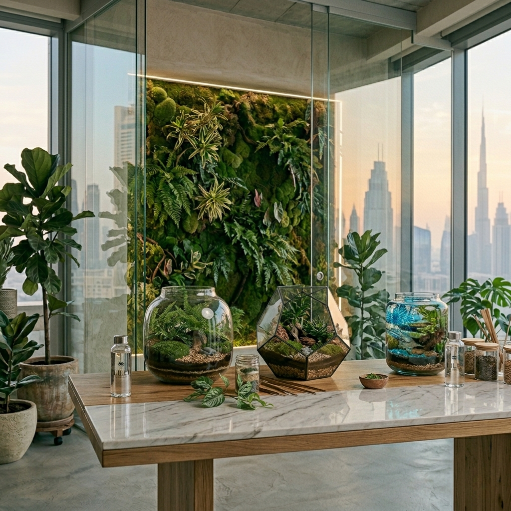 Luxury glass ecosystem with moss, stones, and miniature plants designed by Lilli Plants in Dubai, showcasing premium botanical artistry.