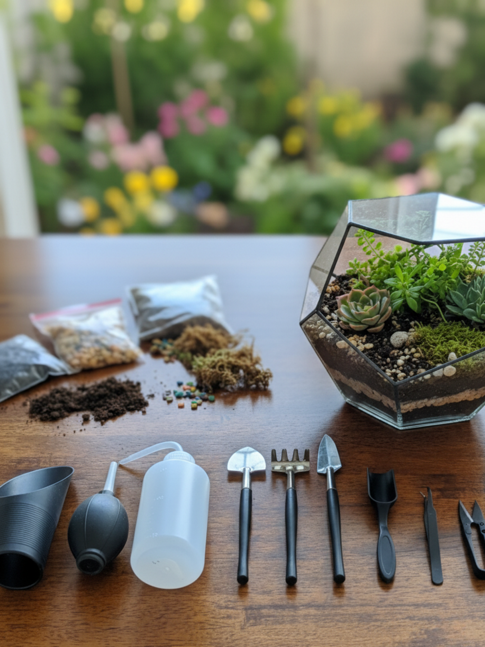 Beginner-friendly terrarium tool kit including scoop, tweezers, scissors and watering bottle