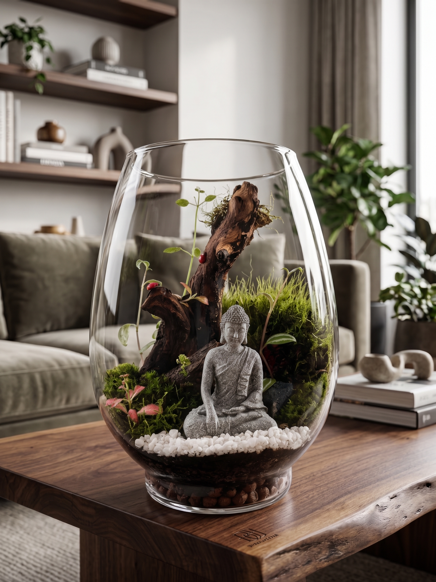 The Bodhi Vessel Buddha terrarium with moss and driftwood by Lilli Plants Dubai