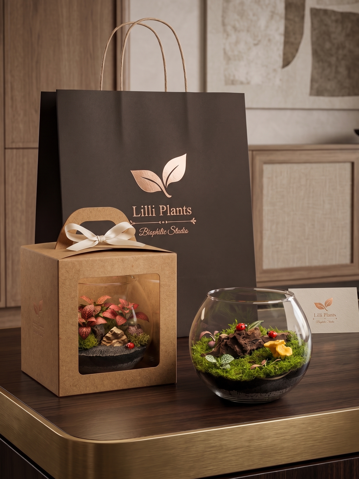 Close-up of personalized anniversary living gift with red Fittonia foliage and custom wooden engraved tag.