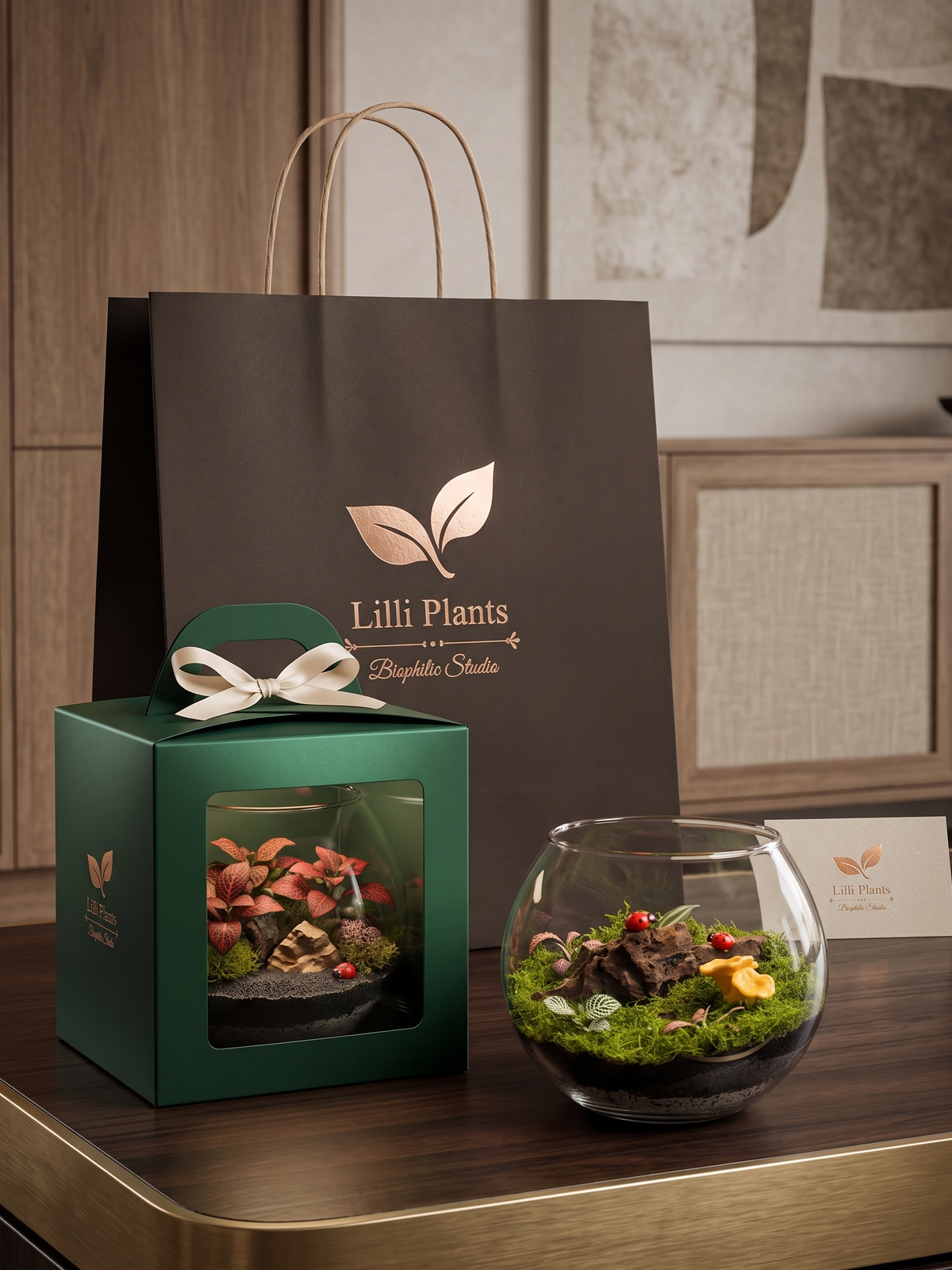 Luxury Lilli Plants Classic Living Gift hamper featuring a handcrafted glass terrarium and premium packaging.