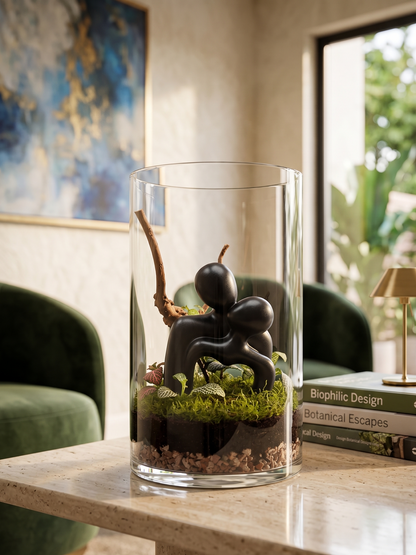 Handcrafted Embracing Haven terrarium with a black couple sculpture, moss, and green Fittonia in a glass cylinder by Lilli Plants Dubai.