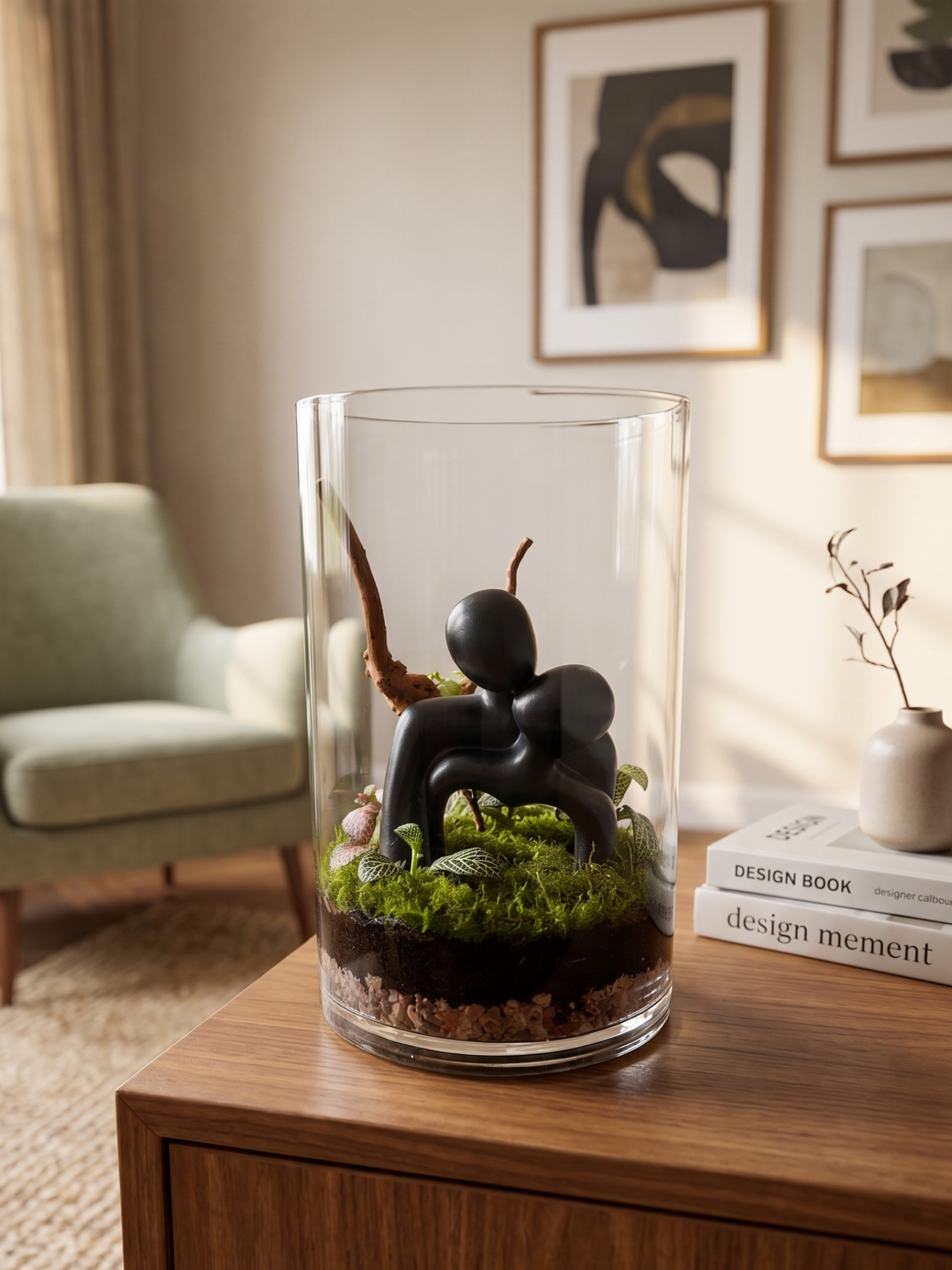 Lilli Plants Embracing Haven terrarium featuring an intimate couple figurine nestled in live flat moss, Selaginella, and variegated plants.