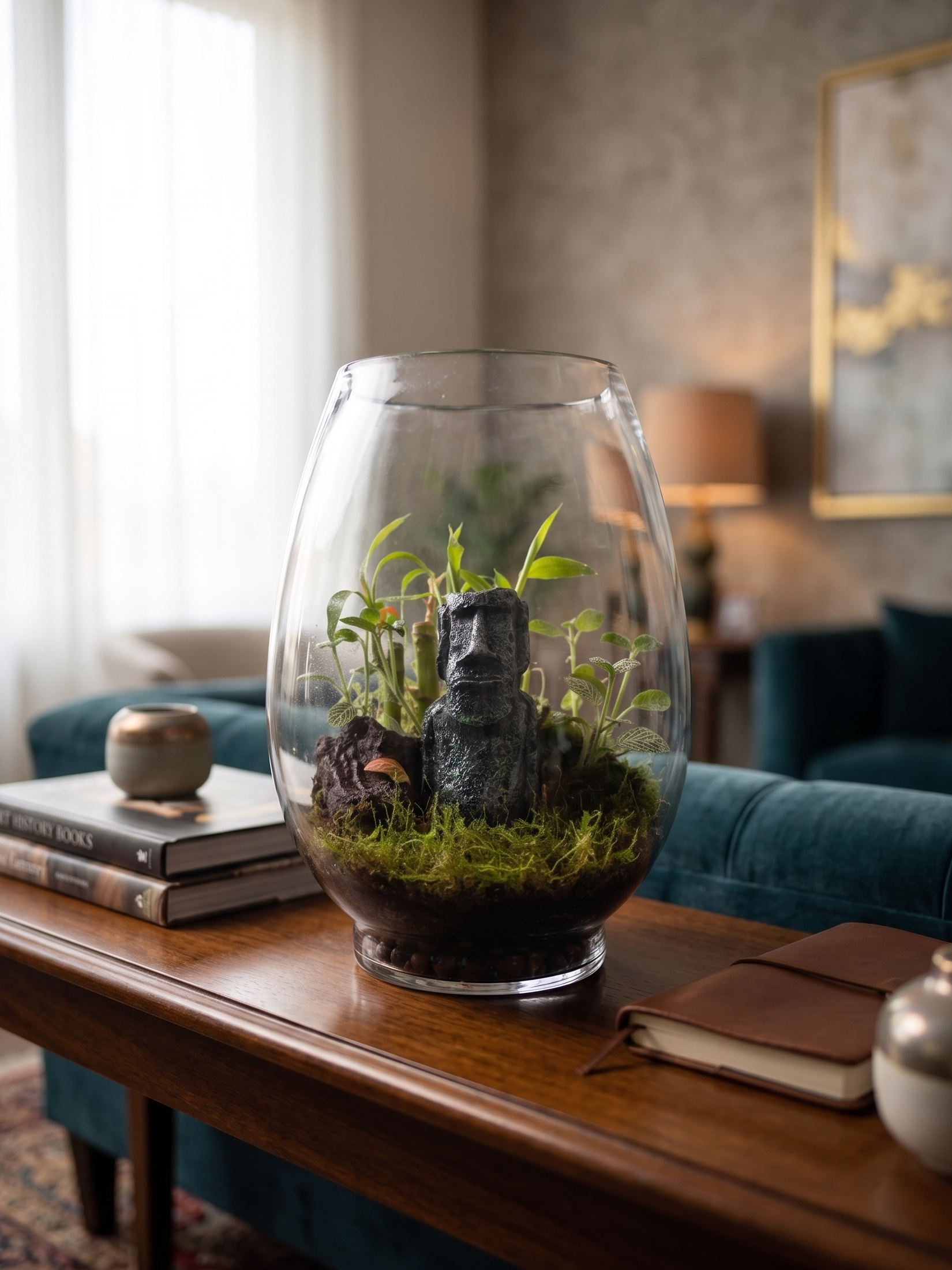 Close up of Easter Island Moai statue surrounded by Red Fittonia, Selaginella, and Lucky Bamboo in terrarium