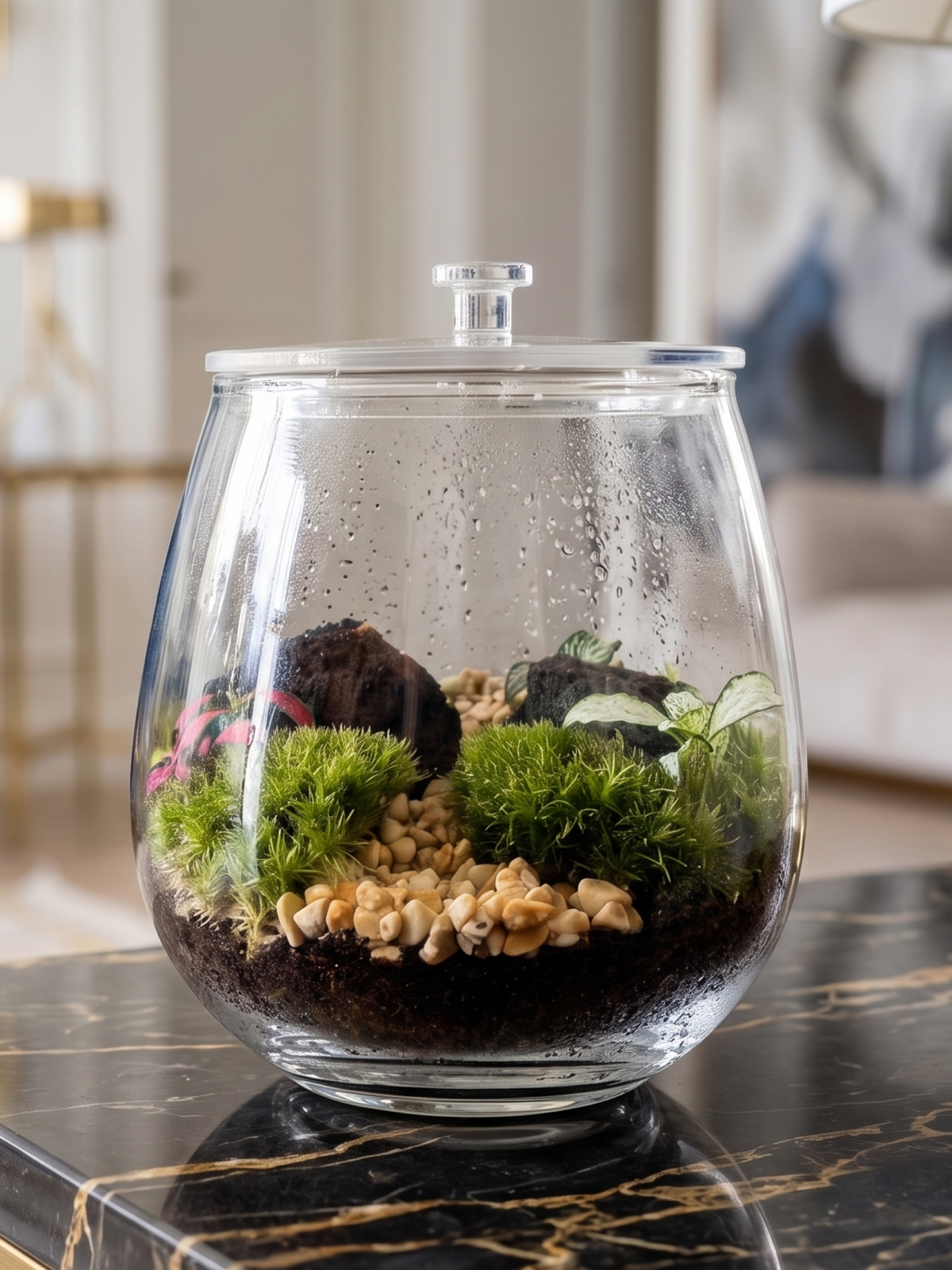 The Obsidian Ridge closed glass terrarium with cushion moss, fittonia leaves, and river pebbles on a wooden desk by Lilli Plants Dubai.