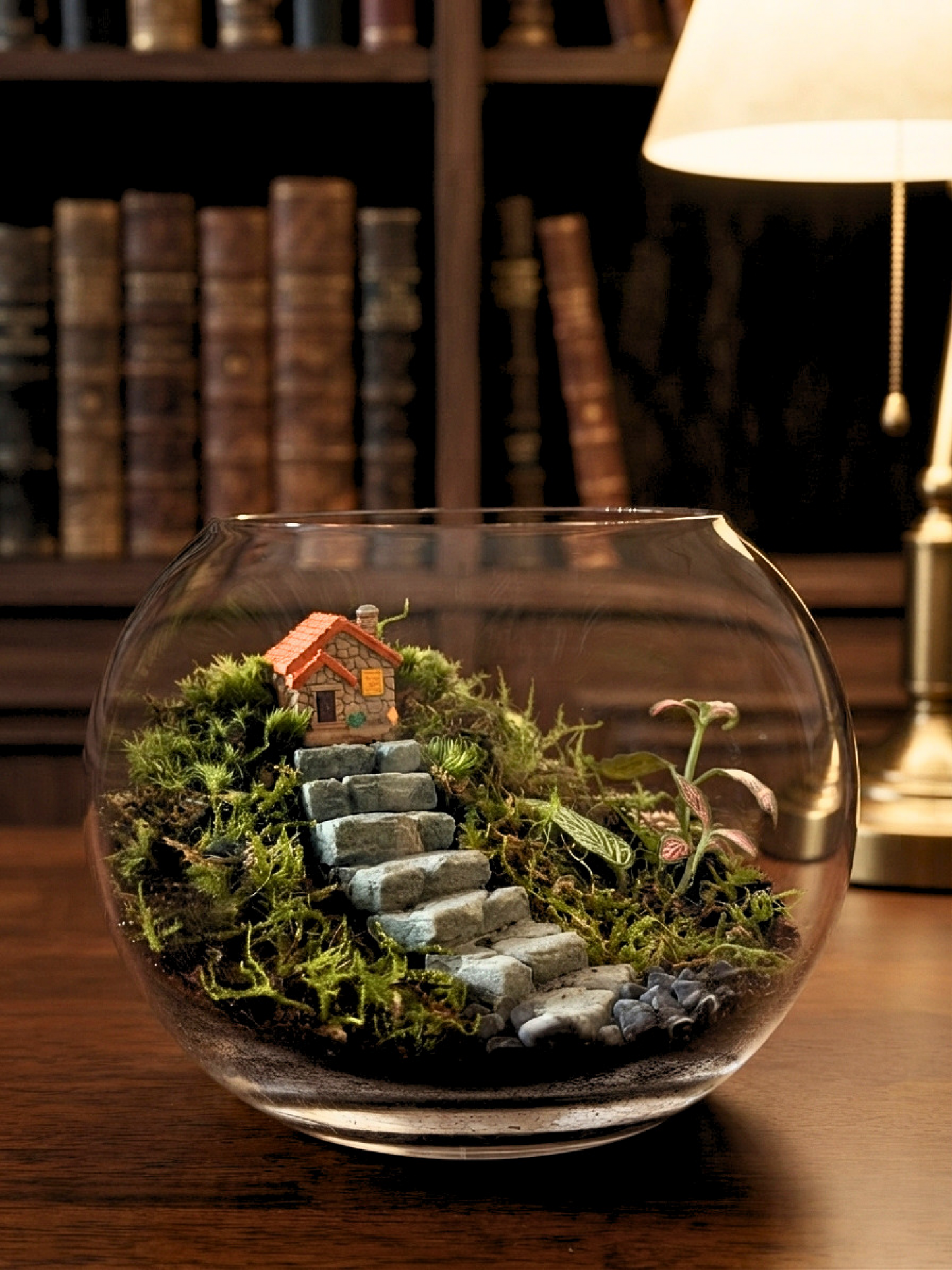 Classic Plus Bowl terrarium with miniature cottage, woodland landscape, moss, decorative stones, and tropical indoor plants by Lilli Plants.