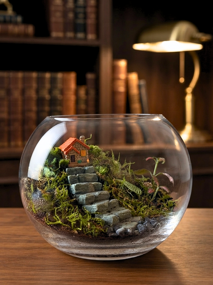 Storybook-inspired miniature cottage terrarium with premium flat moss, cushion moss, and tropical Fittonia plants by Lilli Plants UAE.