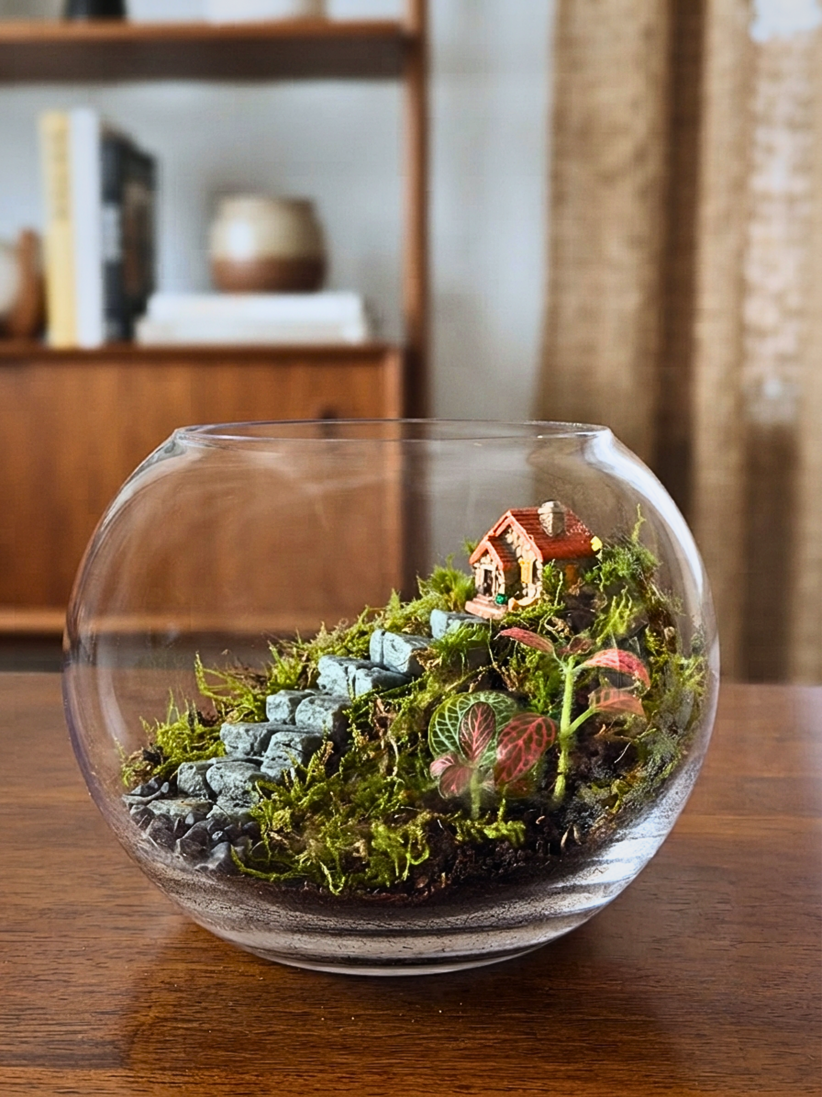 Luxury glass bowl terrarium with a tiny house, moss-covered stone steps, Fittonia Green, Fittonia Red, and cushion moss handcrafted in Dubai.