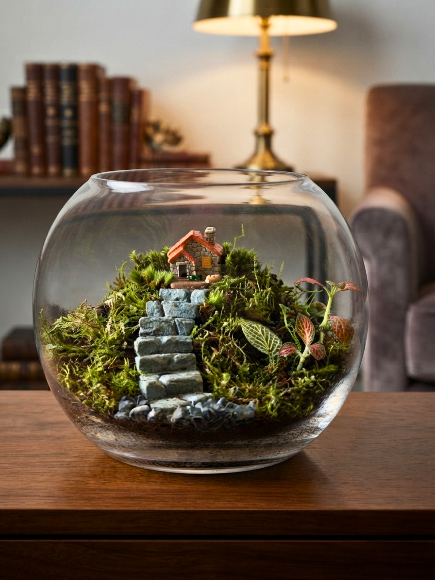 Premium handmade moss terrarium featuring a miniature home, natural stone staircase, and lush greenery for home and office décor in Dubai.
