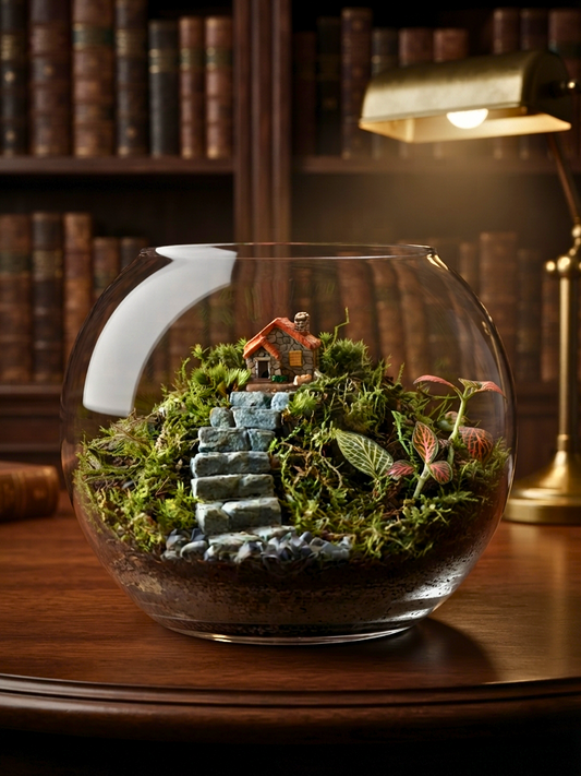 Handcrafted Whispering Steps Classic Plus Bowl terrarium featuring a miniature cottage, stone staircase, Fittonia plants, and premium moss by Lilli Plants Dubai.