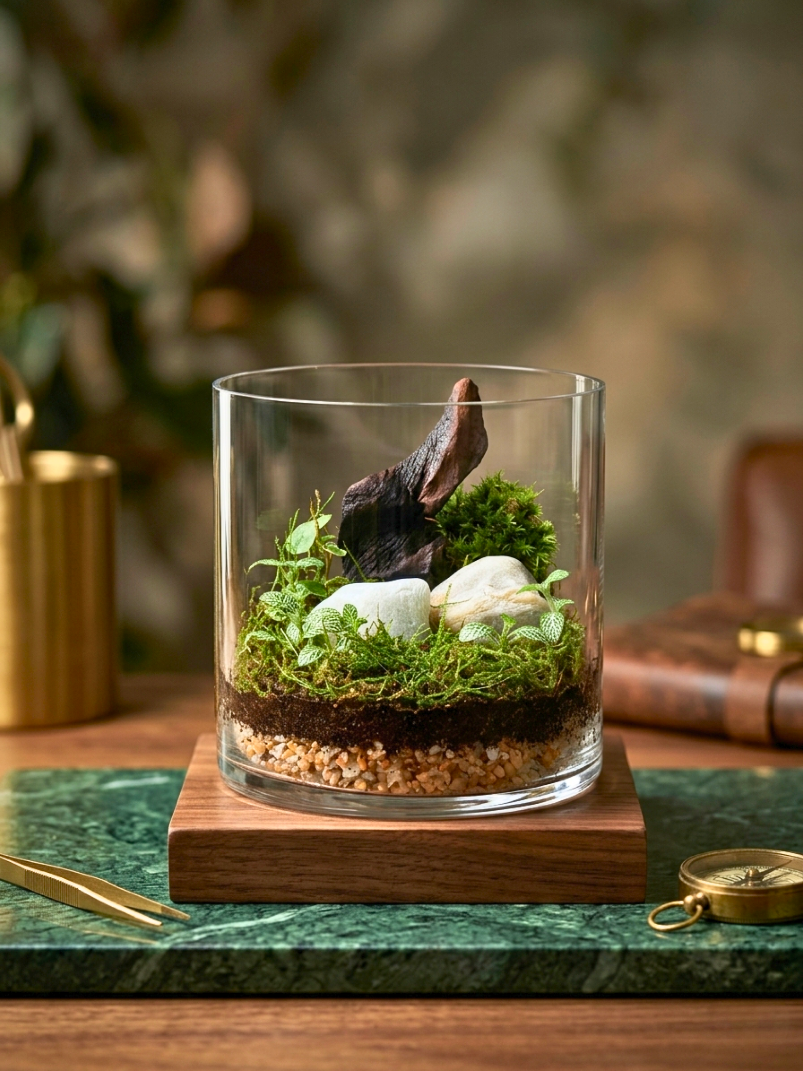 Zen Core mini cylinder terrarium with driftwood moss and white pebbles- affordable terrarium