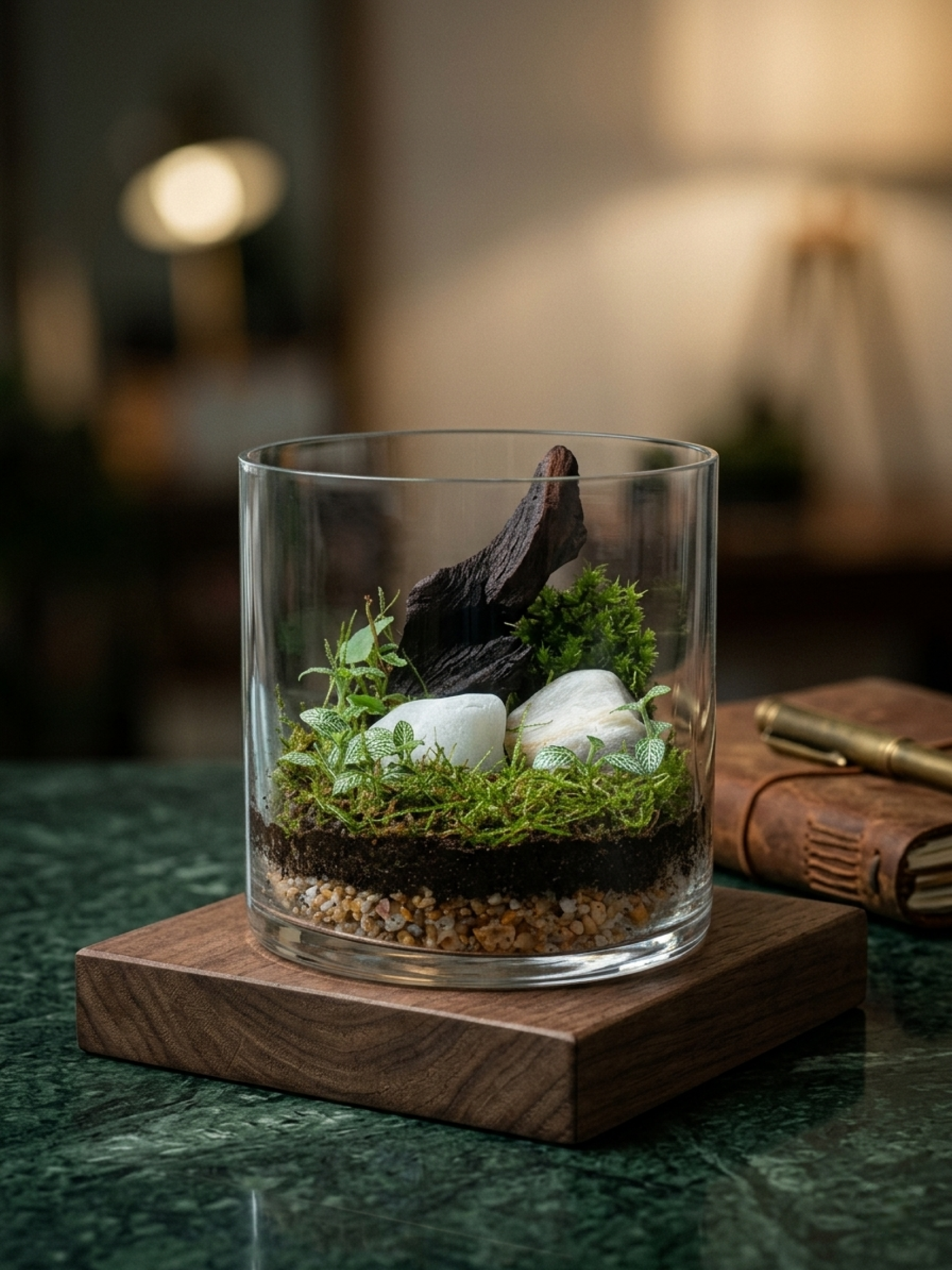 small moss terrarium in glass cylinder with driftwood centerpiece- sustainable gift options