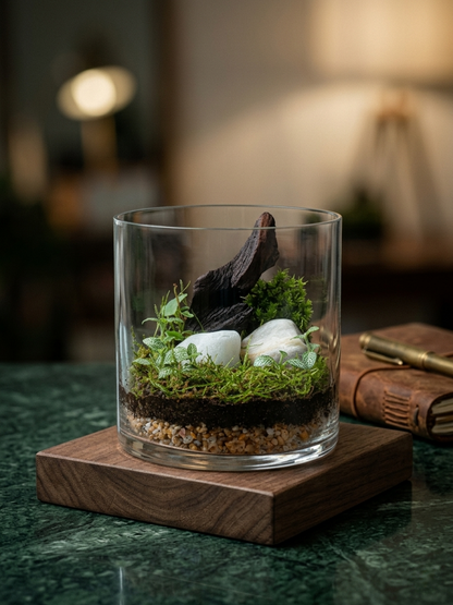 small moss terrarium in glass cylinder with driftwood centerpiece- sustainable gift options
