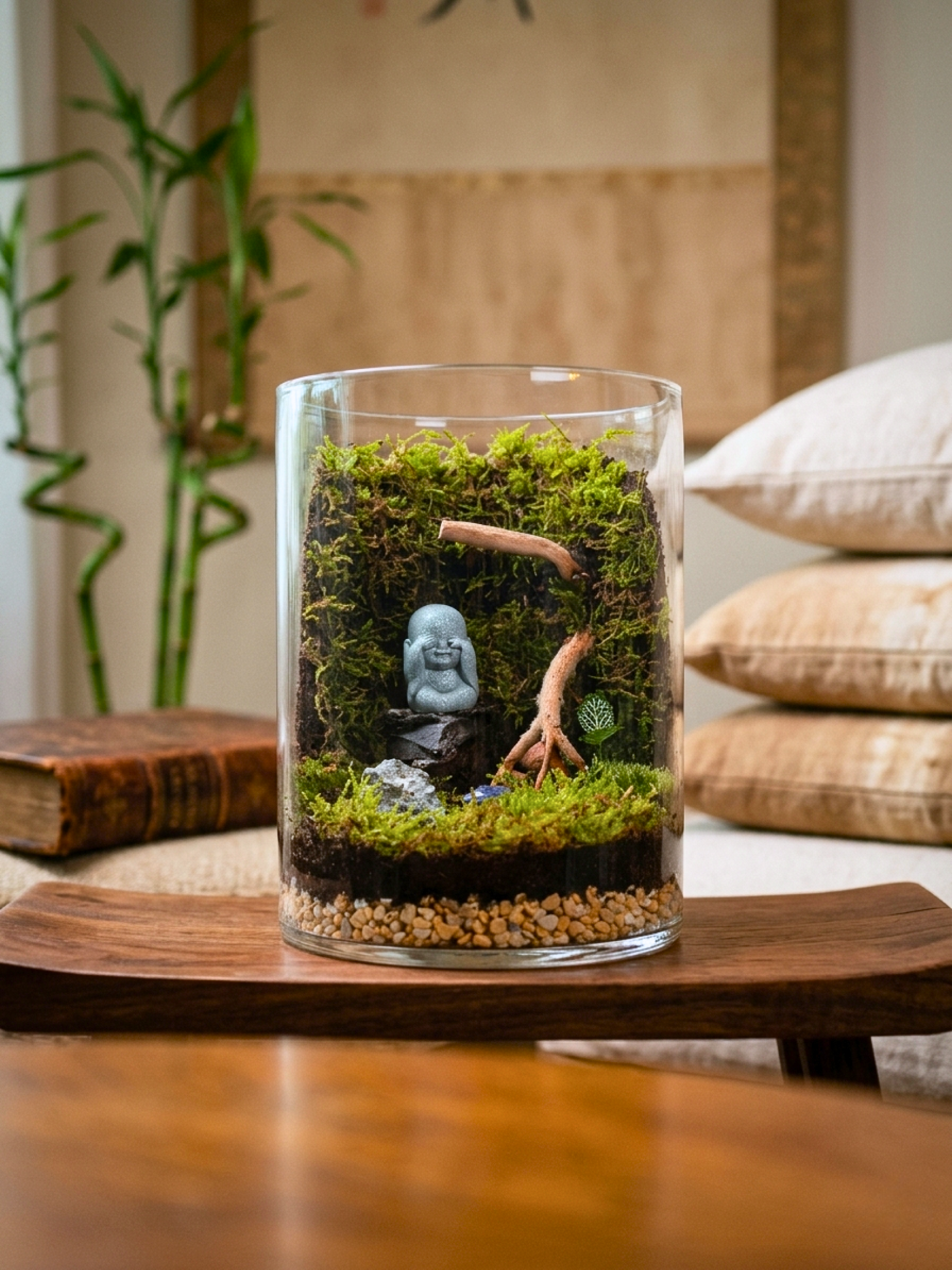 Baby Buddha terrarium with moss and spider wood in cylinder glass