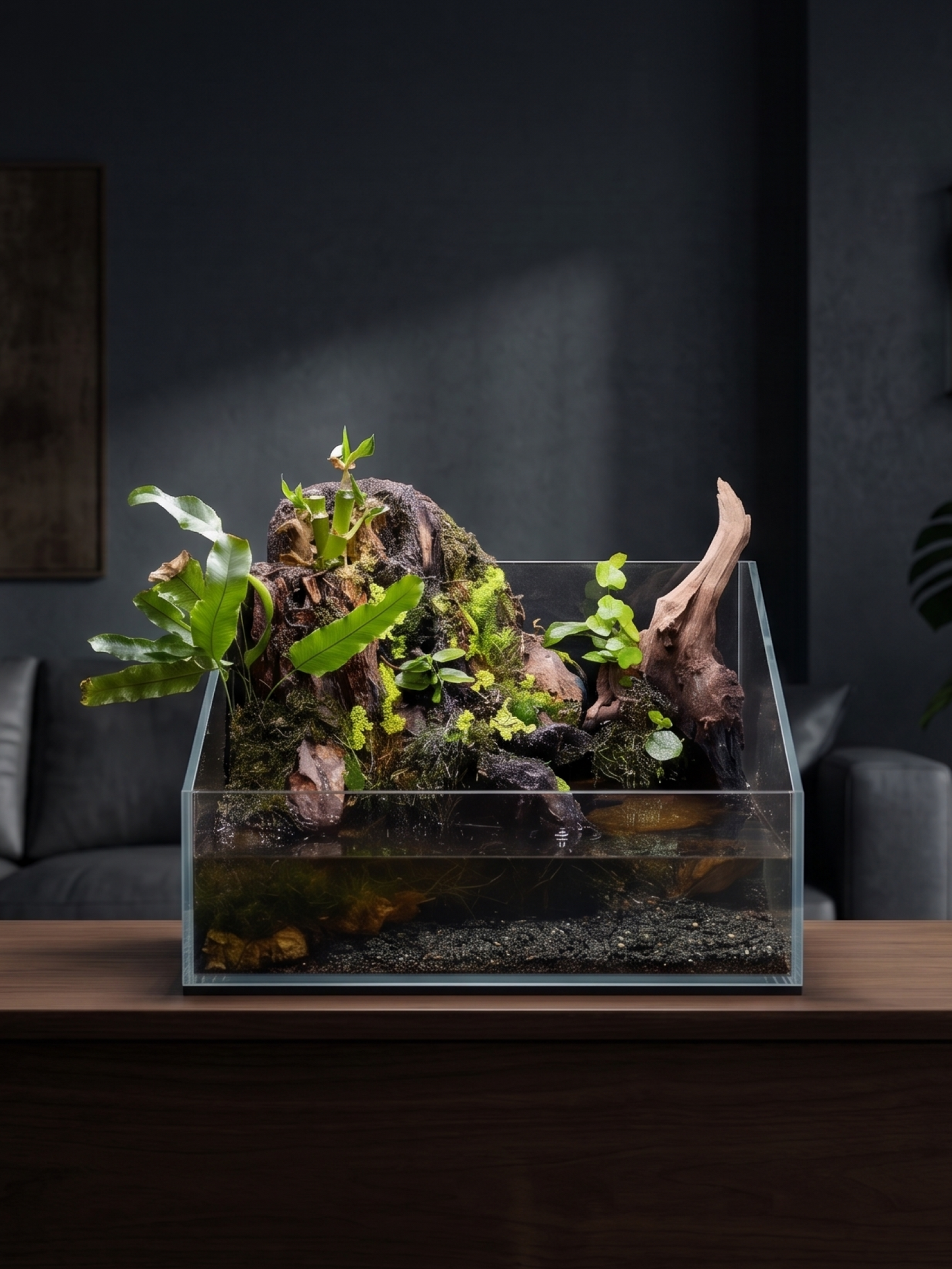 Aethel Stream paludarium displayed on a modern wooden console table in a luxury Dubai living room interior.
