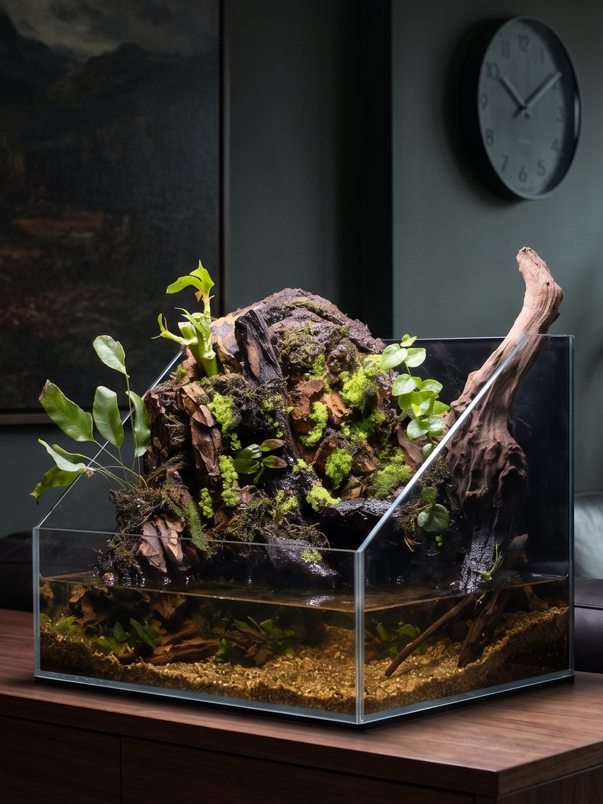 Aethel Stream luxury handcrafted paludarium with a live waterfall, java moss, lucky bamboo, and custom rock formation by Lilli Plants Dubai.