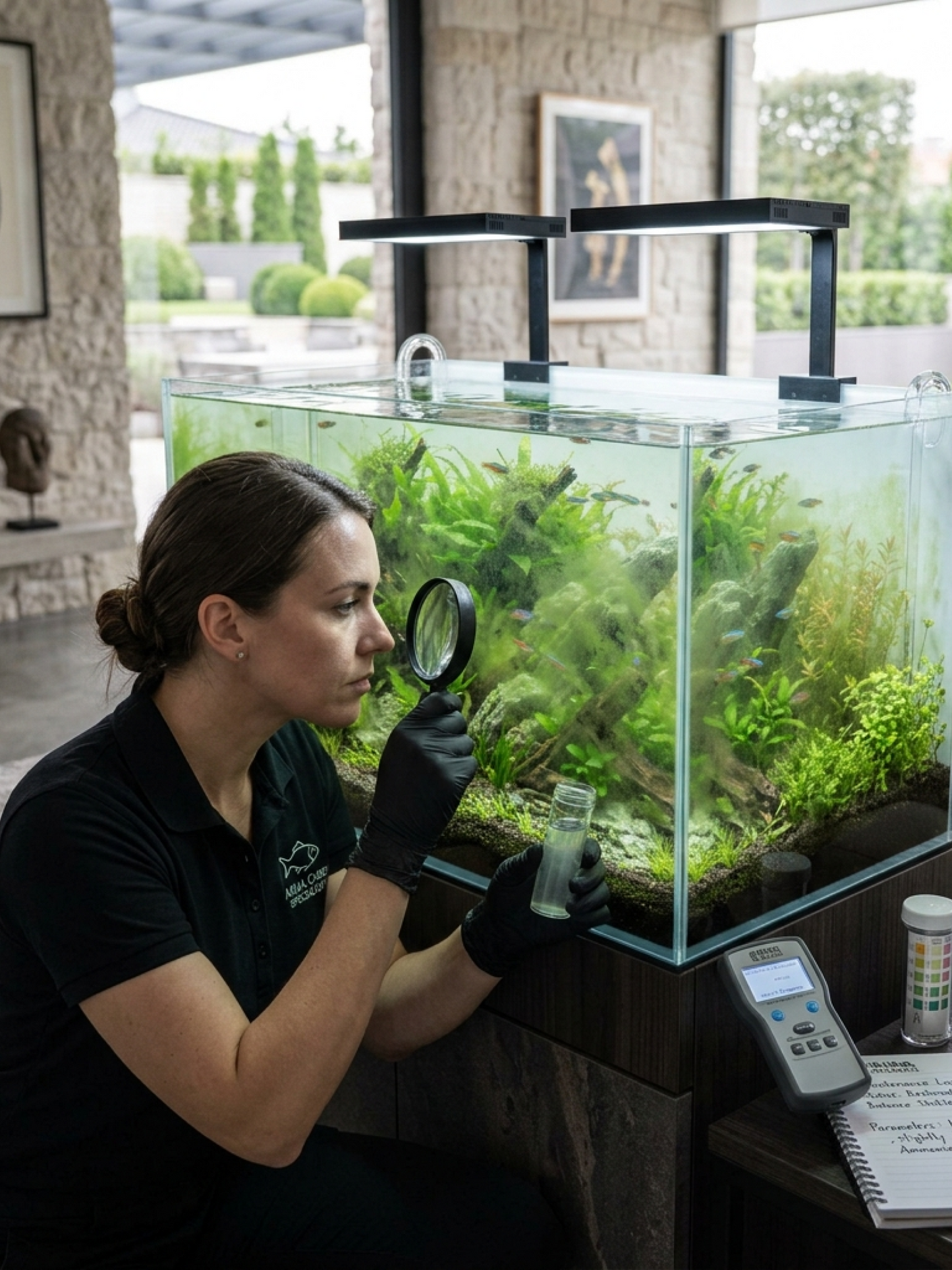 Aquarium specialist performing treatment and recovery process in a home aquarium in Dubai, diagnosing water quality and algae issues.