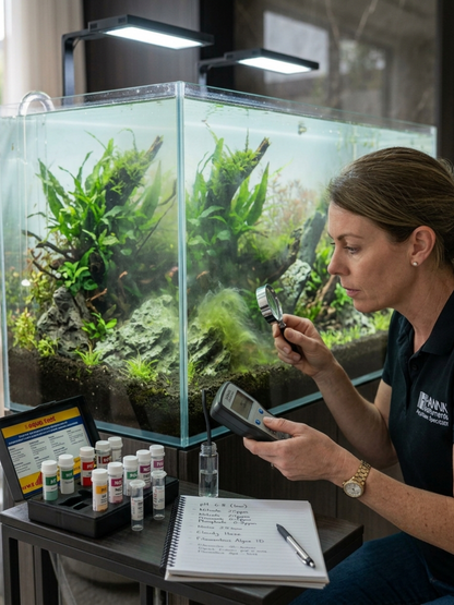 Close-up of aquarium water testing and treatment process to restore balance, clarity, and healthy aquatic conditions for fish and plants.