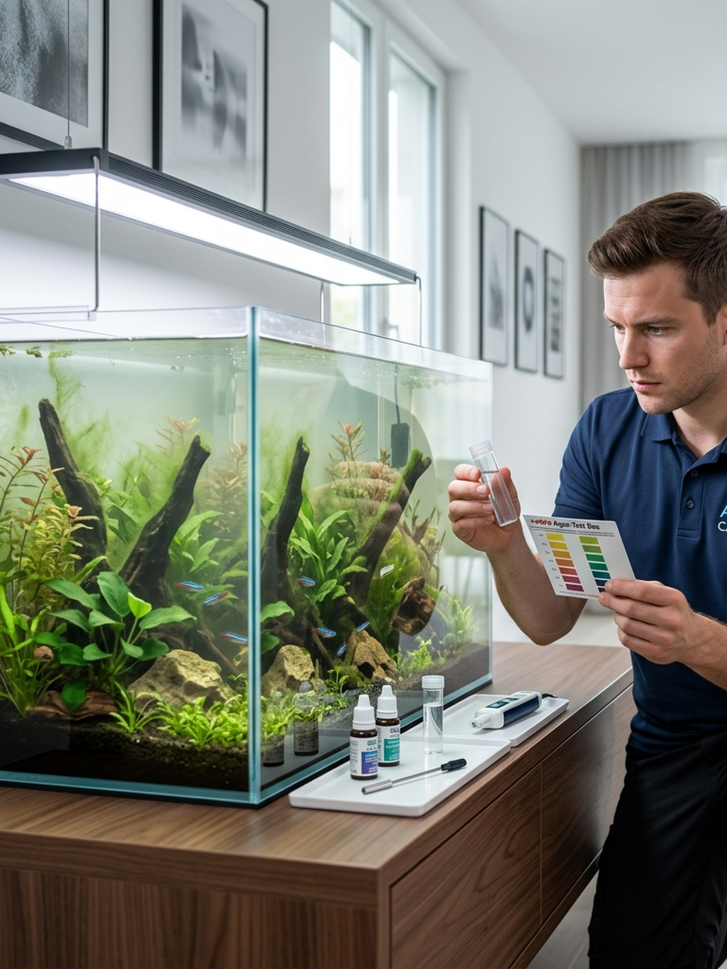 Professional aquarium recovery service addressing algae bloom and unstable water conditions to restore a clean and healthy ecosystem.