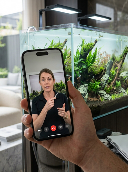 Express virtual aquarium consultation service helping troubleshoot aquarium problems like algae, fish health, and unstable water conditions remotely.