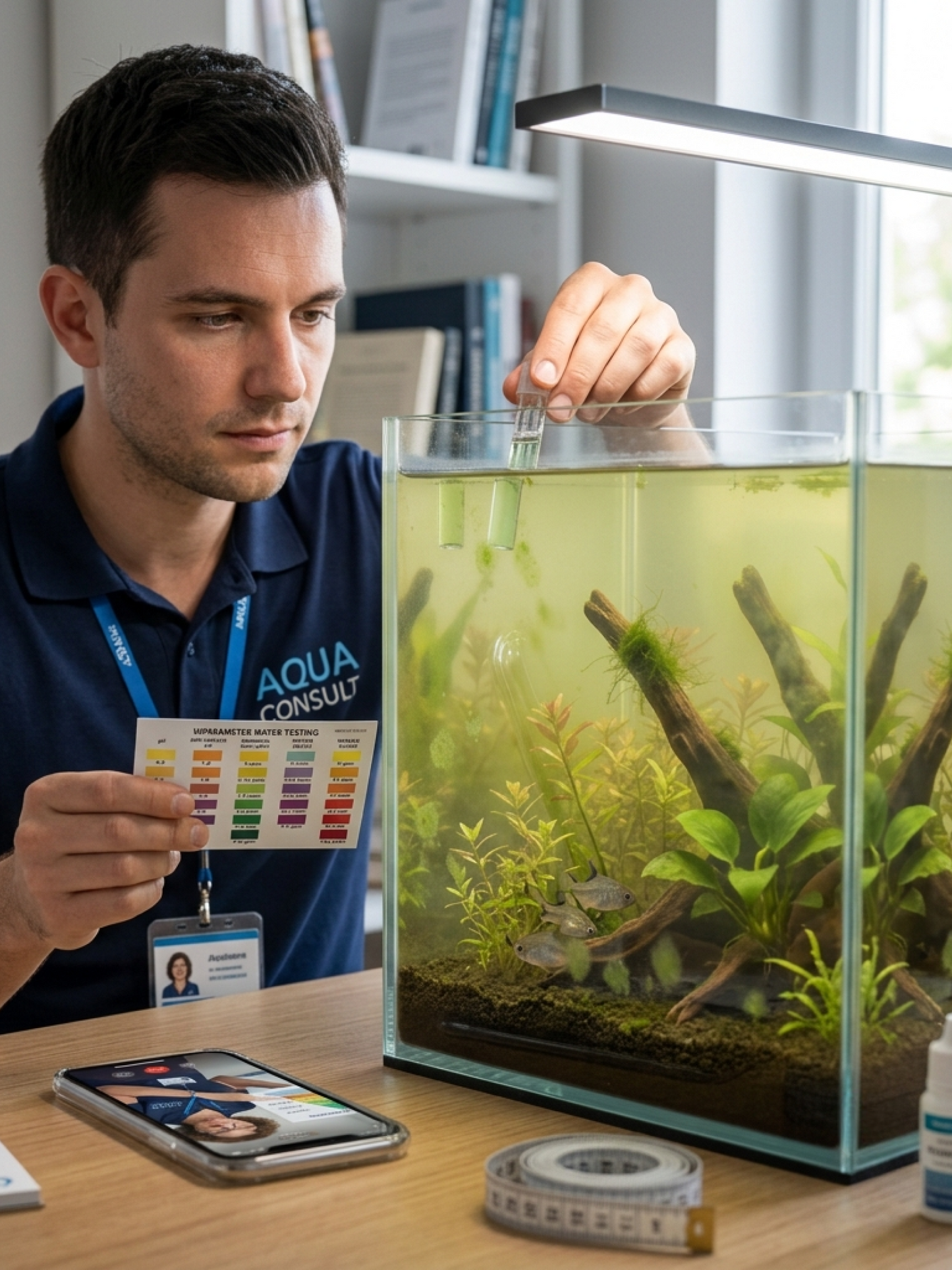 Aquarium specialist performing treatment and recovery process in a home aquarium in Dubai, diagnosing water quality and algae issues. Best aquarium treatment services in UAE