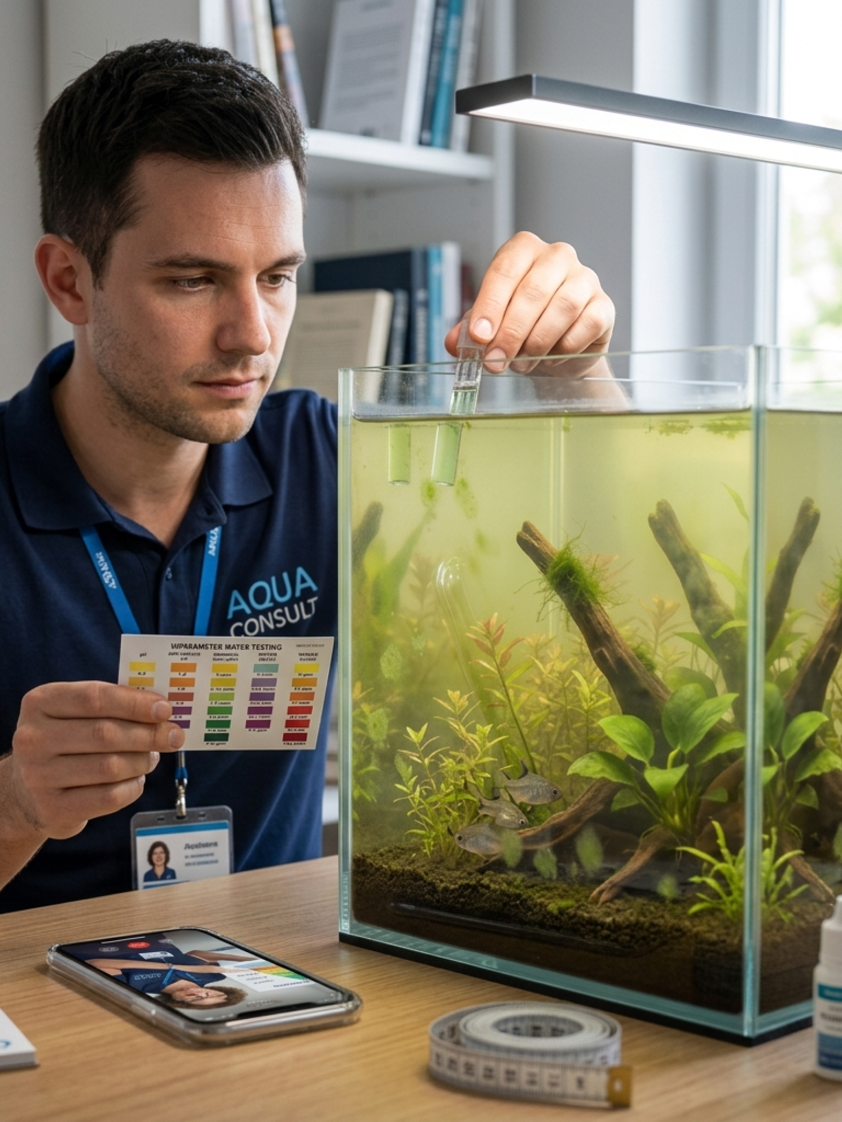 Aquarium specialist performing treatment and recovery process in a home aquarium in Dubai, diagnosing water quality and algae issues. Best aquarium treatment services in UAE