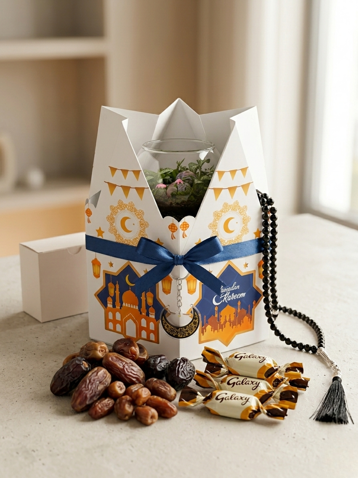 Premium Ramadan and Eid gift hamper box UAE with chocolates and Islamic tasbih