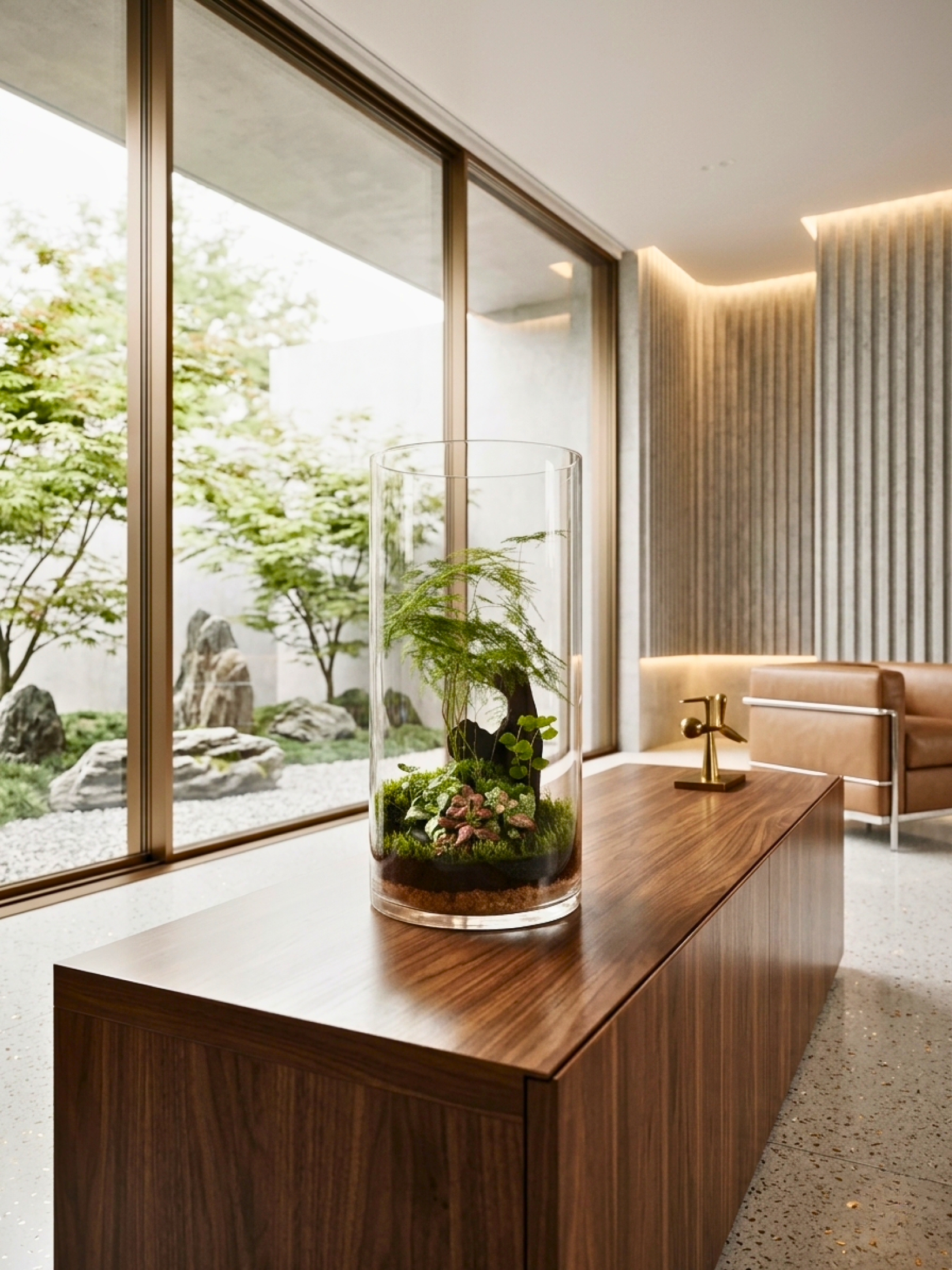 Vertical glass cylinder terrarium with layered soil system, moss carpet, and self-sustaining plant ecosystem.
