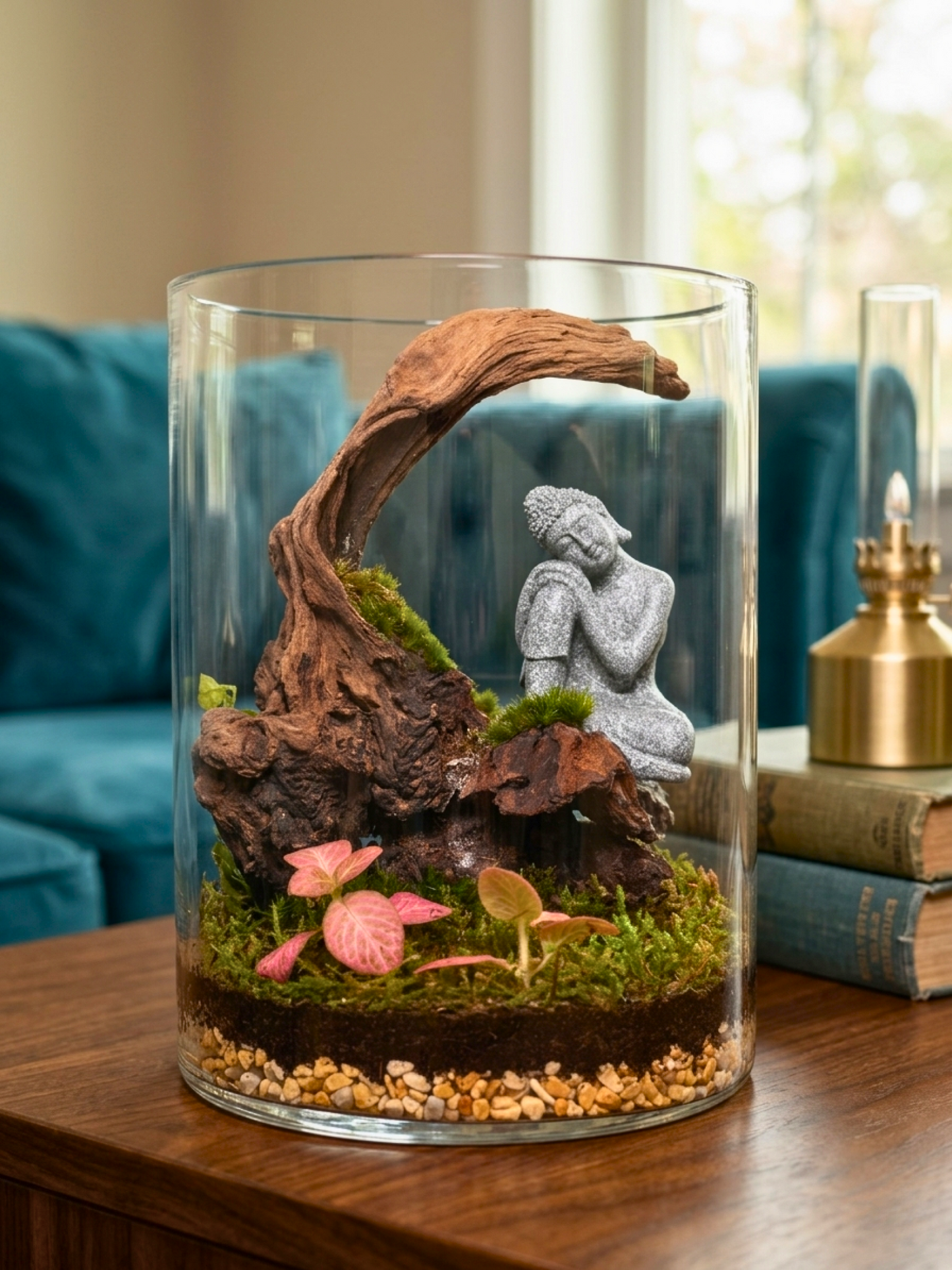 Buddha classic cylinder terrarium with fittonia pink and ficus pumila by Lilli Plants UAE