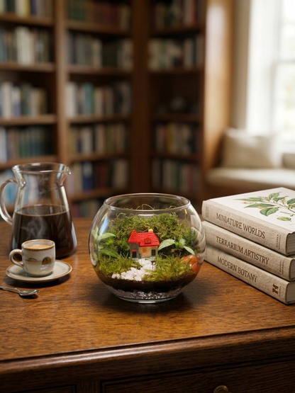 Premium indoor terrarium in Dubai featuring miniature house, flat moss, cushion moss and Fittonia plant
