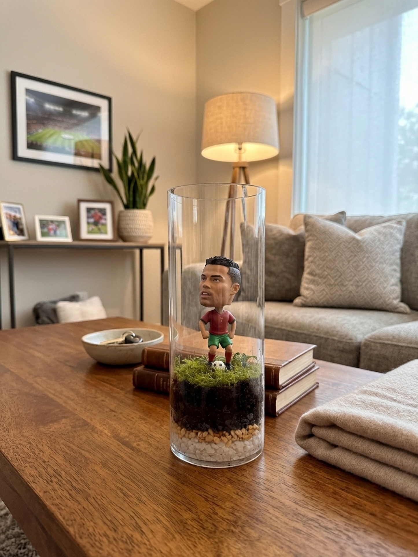 Close-up of a custom football legend miniature terrarium showing detailed white and gold drainage layers and vibrant green moss.