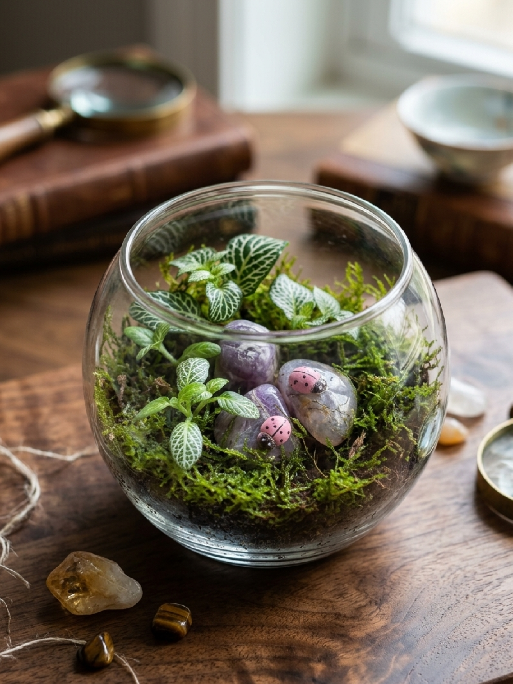 Crystal Bloom Mini Terrarium Dubai small glass bowl terrarium with moss and pebbles Lilli Plants