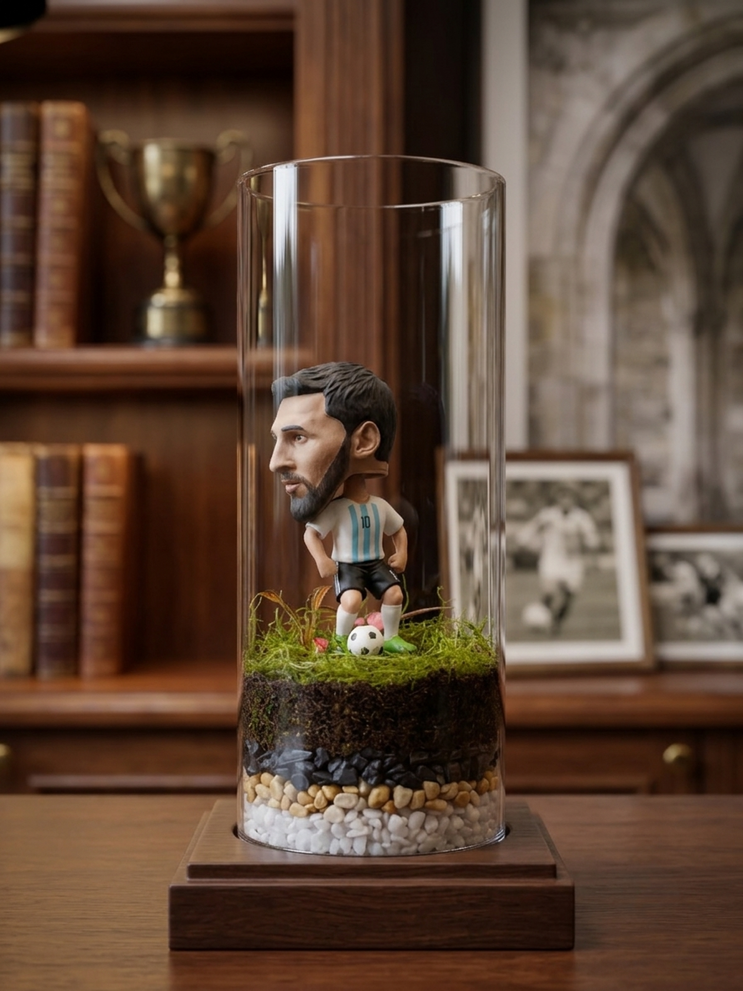 Handcrafted Lionel Messi miniature stadium terrarium with red and green Fittonia plants and gold decorative gravel.