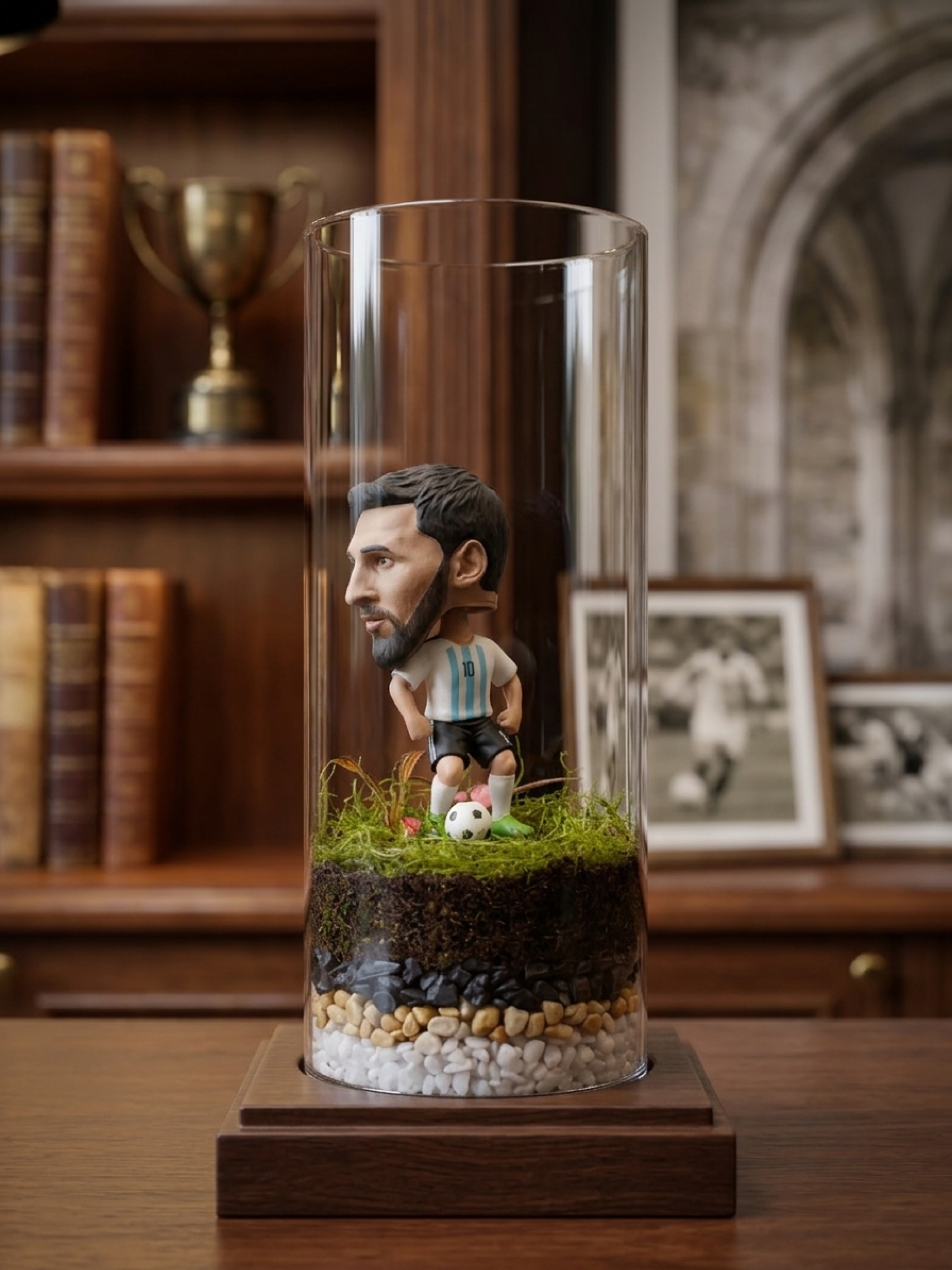 Handcrafted Lionel Messi miniature stadium terrarium with red and green Fittonia plants and gold decorative gravel.
