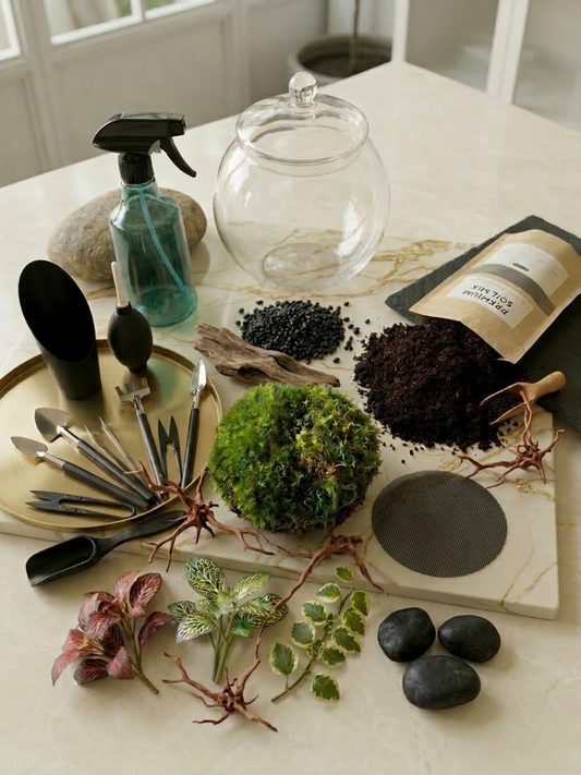 Complete DIY terrarium kit with bowl, soil, moss, tools and plants
