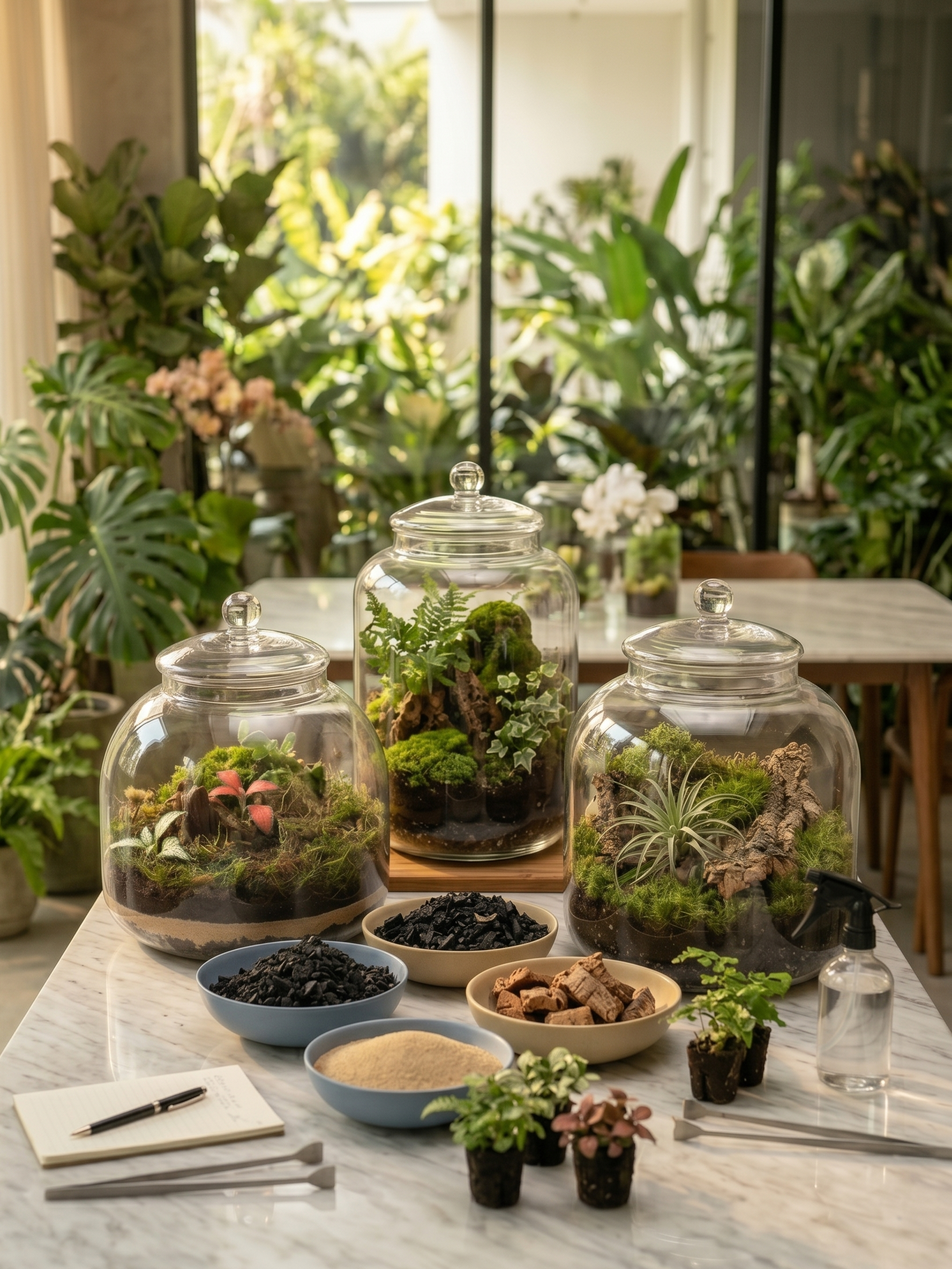 Happy group enjoying a terrarium workshop in Dubai by Lilli Plants holding their finished glass terrariums in a creative session