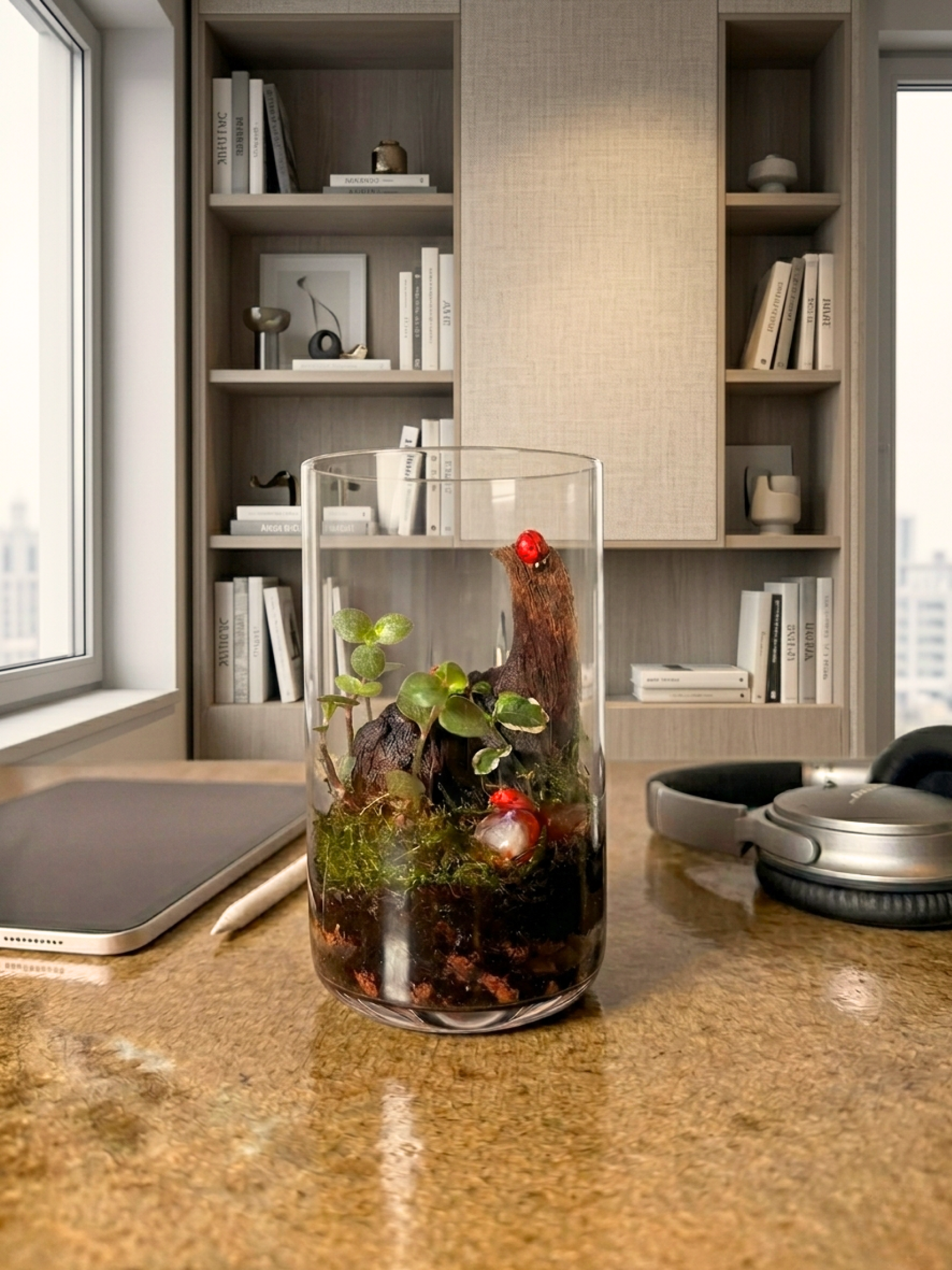 Premium Peperomia terrarium in clear glass bowl designed for home decoration and modern office desk styling in UAE.
