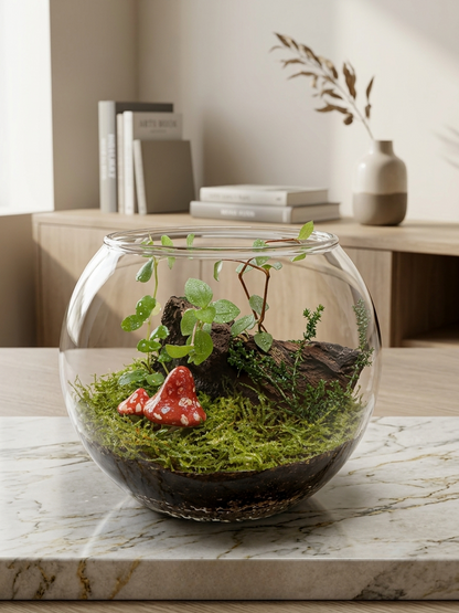 Top-down view of a luxury 12cm glass bowl terrarium showcasing detailed layers of Selaginella, Pilea, and variegated Ficus pumila around a driftwood spine.
