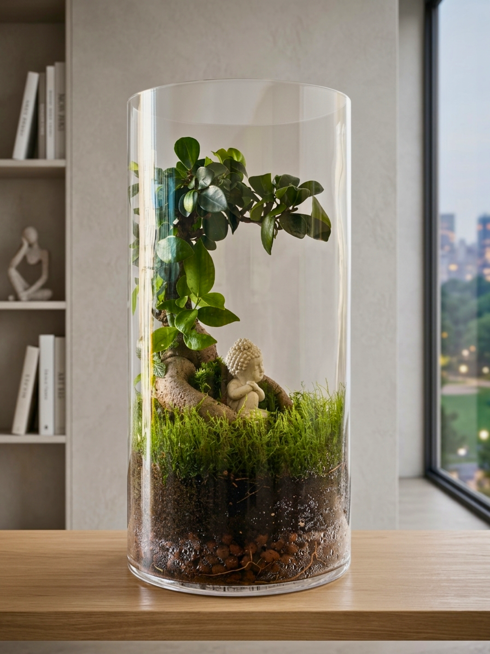 Luxury Buddha bonsai terrarium featuring Ficus Ginseng, green and red Fittonia, and lush moss inside a clear cylinder glass.