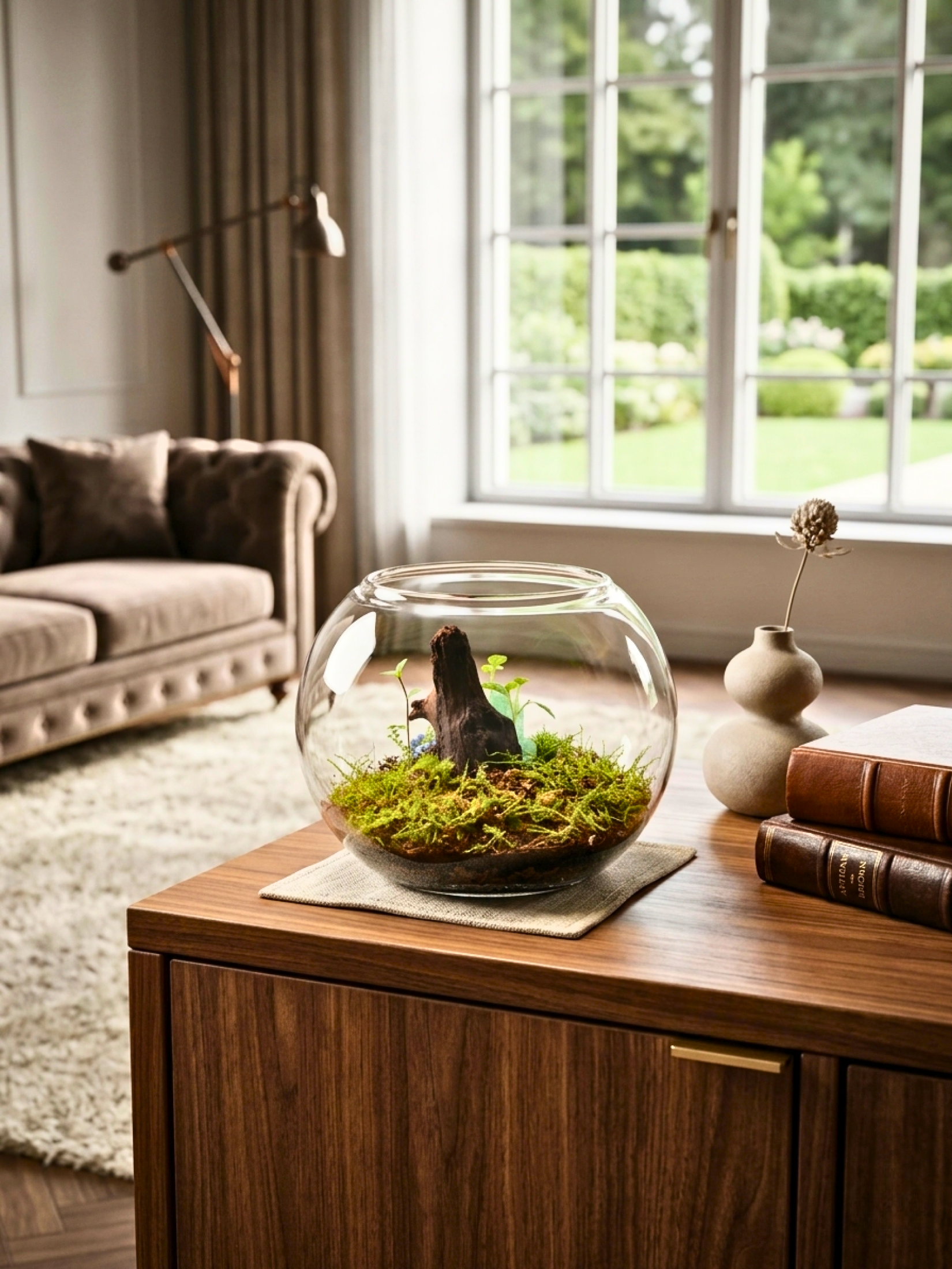 Premium 15 cm bowl terrarium in Dubai with emerald stone driftwood and indoor plants by Lilli Plants