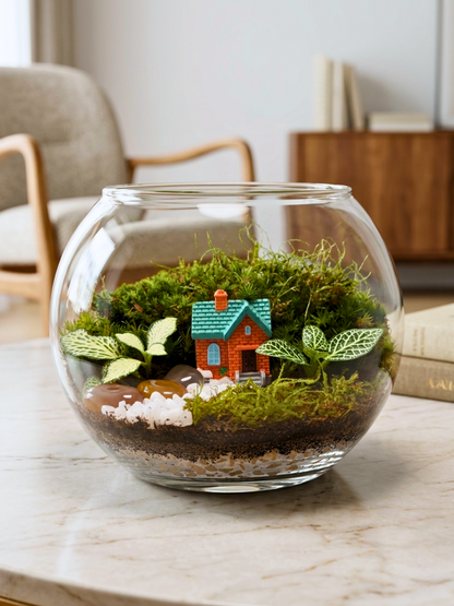 Garden Cottage classic bowl terrarium with miniature blue roof house, moss and Fittonia by Lilli Plants Dubai